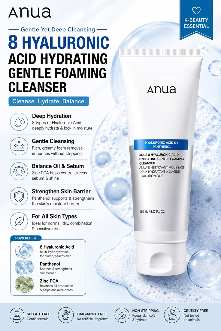 Anua 8 Hyaluronic Acid Hydrating Gentle Foaming Cleanser. 5.07 FL. OZ. ( 150ml )